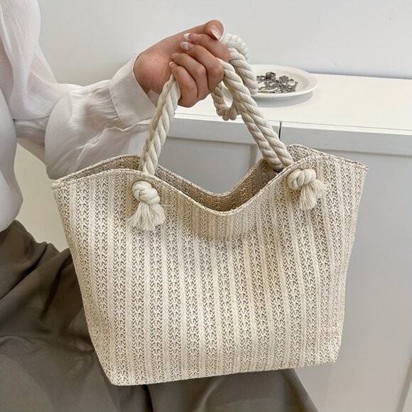 Large Minimalist Woven Canvas Tote Bag with Rope Handles, Versatile Storage - Picture 1 of 6